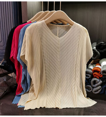 Women's Elegant Stylish New Spring Summer Solid Casual Knitted T-Shirt Short-Sleeved All-Match Loose Slimming Top Thin Pleated