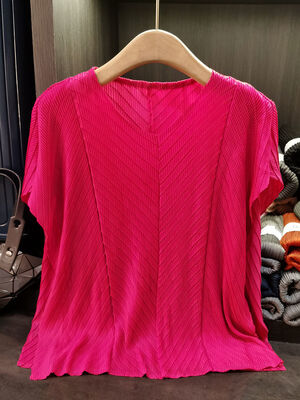 Women's Elegant Stylish New Spring Summer Solid Casual Knitted T-Shirt Short-Sleeved All-Match Loose Slimming Top Thin Pleated