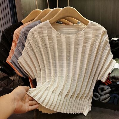 Women's Summer New Pleated Casual Style Youthful Short Sleeve Top Solid Color Loose Plain Dyed Knitted Anti-Pilling Vertical Pit