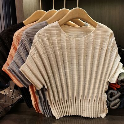 Women's Summer New Pleated Casual Style Youthful Short Sleeve Top Solid Color Loose Plain Dyed Knitted Anti-Pilling Vertical Pit