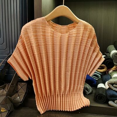 Women's Summer New Pleated Casual Style Youthful Short Sleeve Top Solid Color Loose Plain Dyed Knitted Anti-Pilling Vertical Pit