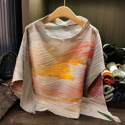 Women's Asymmetrical Pleated Top T-Shirt Loose Fit New Casual Large Size Fashionable Printed Three-Quarter Knitted Polyester