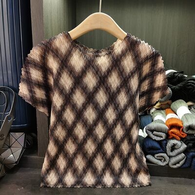 Women's Summer Casual Top Thin Diamond Mesh Printed Short-Sleeved T-Shirt Polyester Slimming Neck Versatile Plaid Pattern