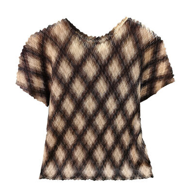 Women's Summer Casual Top Thin Diamond Mesh Printed Short-Sleeved T-Shirt Polyester Slimming Neck Versatile Plaid Pattern