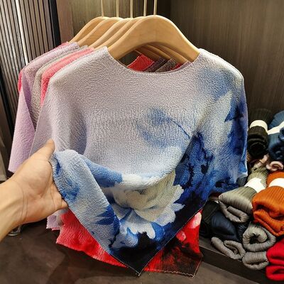 High-End Women's Tie-Dye Print Pleated Short-Sleeve T-Shirt Elegant Retro Design Casual Knitted Versatile for Commuting Summer