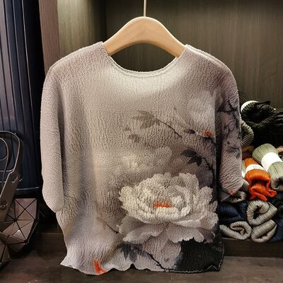 High-End Women's Tie-Dye Print Pleated Short-Sleeve T-Shirt Elegant Retro Design Casual Knitted Versatile for Commuting Summer