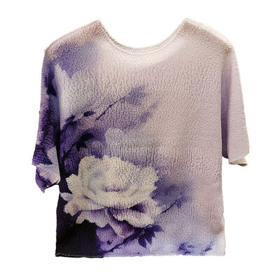 High-End Women's Tie-Dye Print Pleated Short-Sleeve T-Shirt Elegant Retro Design Casual Knitted Versatile for Commuting Summer