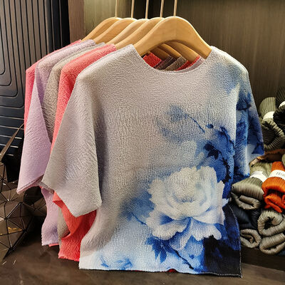 High-End Women's Tie-Dye Print Pleated Short-Sleeve T-Shirt Elegant Retro Design Casual Knitted Versatile for Commuting Summer