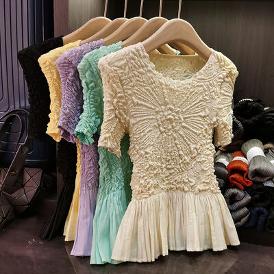 Summer Youthful Slimming Versatile Elegant T-Shirt Sunflower Design Unique Heavy Embossed Pleated Neck Casual Solid Casual