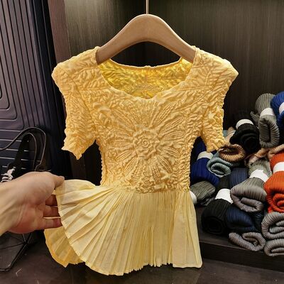 Summer Youthful Slimming Versatile Elegant T-Shirt Sunflower Design Unique Heavy Embossed Pleated Neck Casual Solid Casual