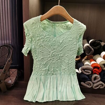 Summer Youthful Slimming Versatile Elegant T-Shirt Sunflower Design Unique Heavy Embossed Pleated Neck Casual Solid Casual