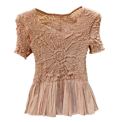 Summer Youthful Slimming Versatile Elegant T-Shirt Sunflower Design Unique Heavy Embossed Pleated Neck Casual Solid Casual