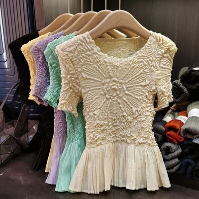 Summer Youthful Slimming Versatile Elegant T-Shirt Sunflower Design Unique Heavy Embossed Pleated Neck Casual Solid Casual