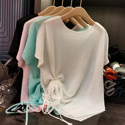 Women's Summer Casual T-Shirt Top Fresh Sweet Bow Tie Design in Solid Colors Round Neck Slimming Style Anti-Pilling Feature