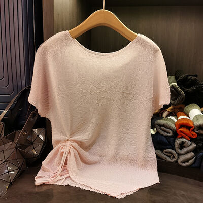 Women's Summer Casual T-Shirt Top Fresh Sweet Bow Tie Design in Solid Colors Round Neck Slimming Style Anti-Pilling Feature