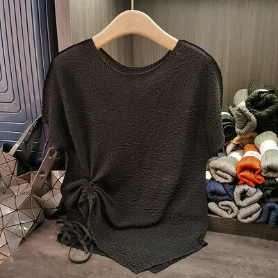 Women's Summer Casual T-Shirt Top Fresh Sweet Bow Tie Design in Solid Colors Round Neck Slimming Style Anti-Pilling Feature