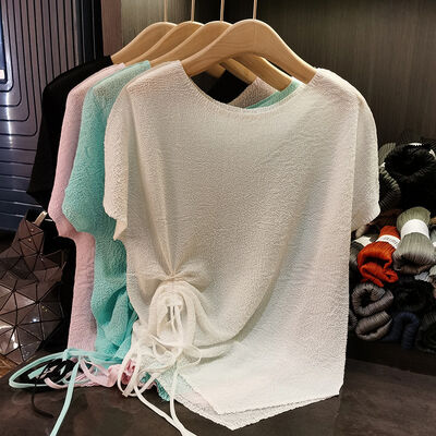 Women's Summer Casual T-Shirt Top Fresh Sweet Bow Tie Design in Solid Colors Round Neck Slimming Style Anti-Pilling Feature