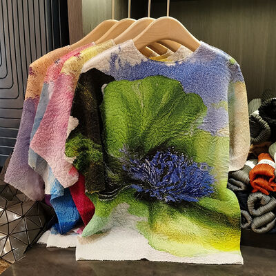 New Elegant Women's Summer Top Retro Ink Print Contrasting Color Loose Large Size Pleated Neck T-Shirt Casual Knitted Fabric