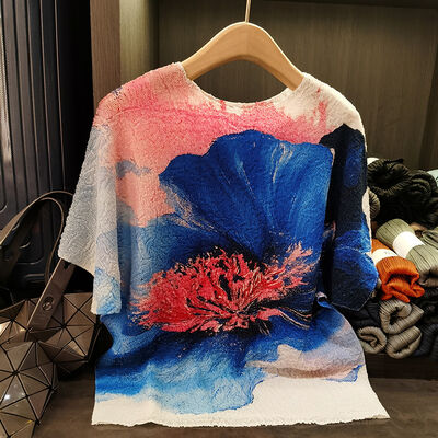 New Elegant Women's Summer Top Retro Ink Print Contrasting Color Loose Large Size Pleated Neck T-Shirt Casual Knitted Fabric