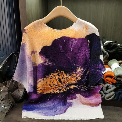 New Elegant Women's Summer Top Retro Ink Print Contrasting Color Loose Large Size Pleated Neck T-Shirt Casual Knitted Fabric