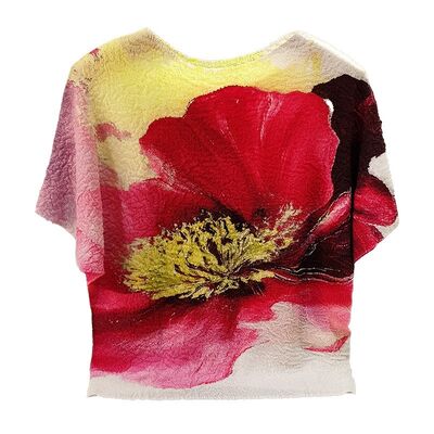 New Elegant Women's Summer Top Retro Ink Print Contrasting Color Loose Large Size Pleated Neck T-Shirt Casual Knitted Fabric