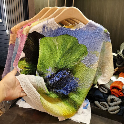 New Elegant Women's Summer Top Retro Ink Print Contrasting Color Loose Large Size Pleated Neck T-Shirt Casual Knitted Fabric