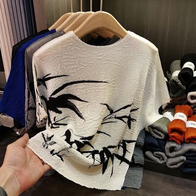 Retro pleated summer new Chinese ink bamboo print T-shirt fashionable plus size women's casual top