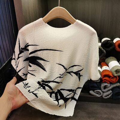 Retro pleated summer new Chinese ink bamboo print T-shirt fashionable plus size women's casual top