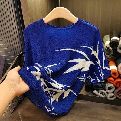 Retro pleated summer new Chinese ink bamboo print T-shirt fashionable plus size women's casual top