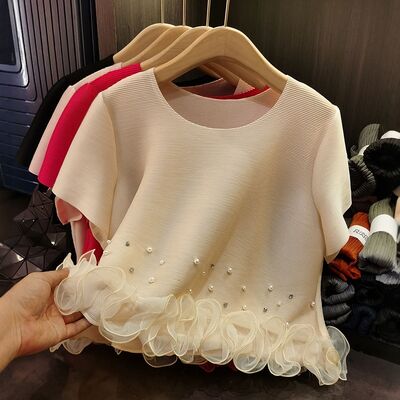 Miyake's Feminine Summer Top Beaded Ruffled Pleated T-Shirt Neck Sweet Slim Knitted Fabric Anti-Pilling Short-Sleeved Versatile