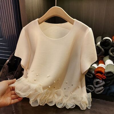 Miyake's Feminine Summer Top Beaded Ruffled Pleated T-Shirt Neck Sweet Slim Knitted Fabric Anti-Pilling Short-Sleeved Versatile