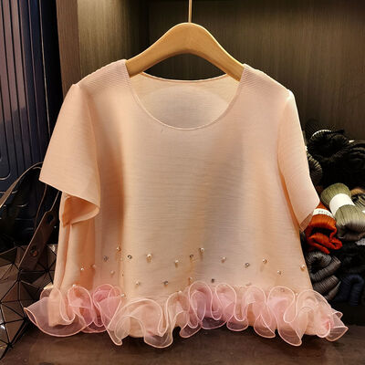 Miyake's Feminine Summer Top Beaded Ruffled Pleated T-Shirt Neck Sweet Slim Knitted Fabric Anti-Pilling Short-Sleeved Versatile