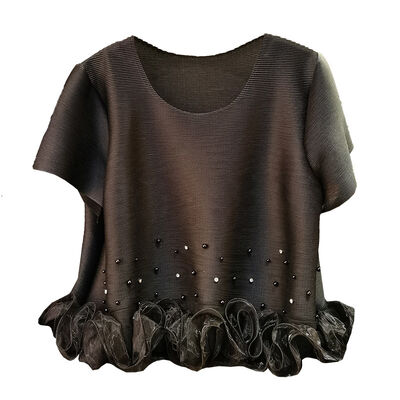 Miyake's Feminine Summer Top Beaded Ruffled Pleated T-Shirt Neck Sweet Slim Knitted Fabric Anti-Pilling Short-Sleeved Versatile