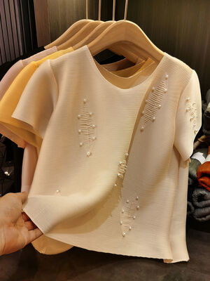 Women's Summer New Fashion Casual Elegant Pleated Bead Solid Color Age-Reducing Top All- Match Short-Sleeved Loose Fit Knitted