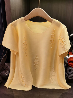 Women's Summer New Fashion Casual Elegant Pleated Bead Solid Color Age-Reducing Top All- Match Short-Sleeved Loose Fit Knitted
