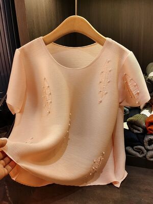 Women's Summer New Fashion Casual Elegant Pleated Bead Solid Color Age-Reducing Top All- Match Short-Sleeved Loose Fit Knitted