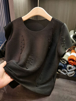 Women's Summer New Fashion Casual Elegant Pleated Bead Solid Color Age-Reducing Top All- Match Short-Sleeved Loose Fit Knitted