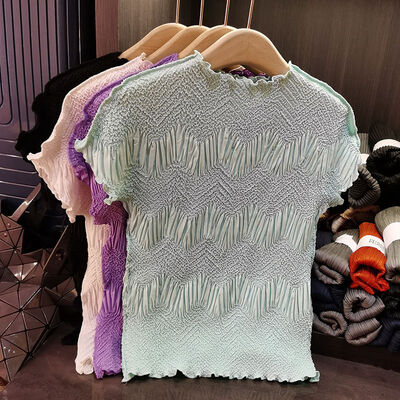 Women's Summer Round Neck T-Shirt Simple Fashionable Retro Pleated Top Comfortable Loose Fit Vintage Casual Style Solid Color