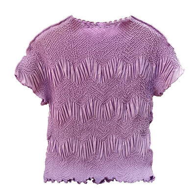 Women's Summer Round Neck T-Shirt Simple Fashionable Retro Pleated Top Comfortable Loose Fit Vintage Casual Style Solid Color