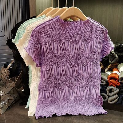 Women's Summer Round Neck T-Shirt Simple Fashionable Retro Pleated Top Comfortable Loose Fit Vintage Casual Style Solid Color