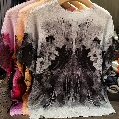 Niche Design Sense Heavy Industry Summer Women's New Neck Bat Sleeve T-shirt Ink Printed Jersey Short Casual Bat Wing Sleeves