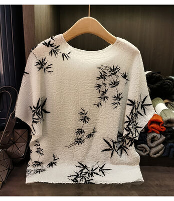 Casual Chinese Style Round Neck T-Shirt Ink Print Anti-Pilling Knitted Fabric Digital Printing for Summer