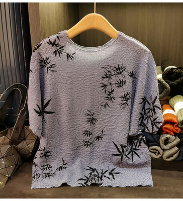 Casual Chinese Style Round Neck T-Shirt Ink Print Anti-Pilling Knitted Fabric Digital Printing for Summer