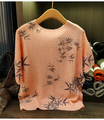 Casual Chinese Style Round Neck T-Shirt Ink Print Anti-Pilling Knitted Fabric Digital Printing for Summer