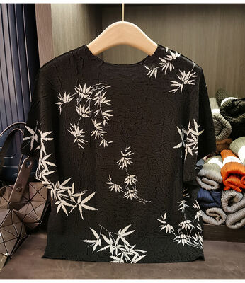 Casual Chinese Style Round Neck T-Shirt Ink Print Anti-Pilling Knitted Fabric Digital Printing for Summer