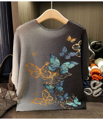 High-End Women's Summer T-Shirt Butterfly Gradient Print New Round Neck Versatile Loose Top Casual Solid Pattern Knitted Fabric