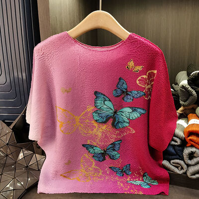 High-End Women's Summer T-Shirt Butterfly Gradient Print New Round Neck Versatile Loose Top Casual Solid Pattern Knitted Fabric