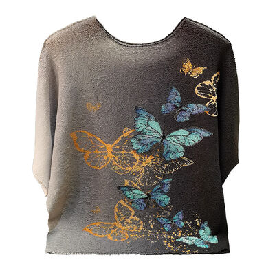 High-End Women's Summer T-Shirt Butterfly Gradient Print New Round Neck Versatile Loose Top Casual Solid Pattern Knitted Fabric
