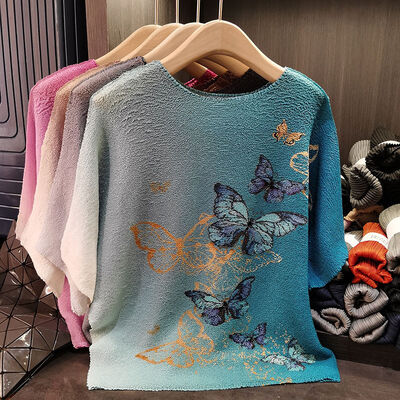 High-End Women's Summer T-Shirt Butterfly Gradient Print New Round Neck Versatile Loose Top Casual Solid Pattern Knitted Fabric