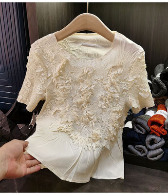 Heavy Industry Handmade Loose-Fitting Summer T-Shirt Piled Flowers Ruffled Crewneck Casual Style Solid Polyester Simple Front